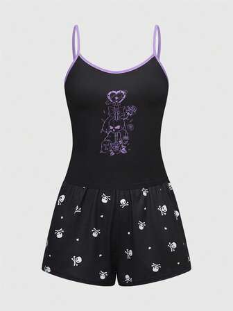 Goth Set pigiama con canotta e pantaloncini a contrasto con stampa a teschio gotico e pois
