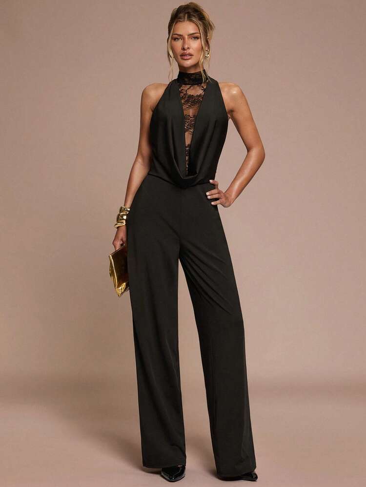 SHEIN BAE Women's Solid Color Lace Patchwork Sleeveless Jumpsuit,Black Lace-Trimmed Jumpsuit, Suitable For Parties, Formal Occasions, Cocktail Parties, Holiday Events, Christmas Outfits,Valentine's Day,Valentine Outfits For Women - Black - View 5