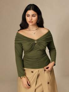 SHEIN Clasi Plus Size Women's Knit Regular Autumn/Winter Off Shoulder Simple Casual Metal Decor Button Long Sleeve Green T-Shirt - Green - View 6