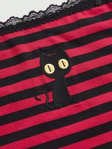 ROMWE Hippie Women's Gothic Style Black Cat & Striped Print Lace Trim Fitted Camisole Tank Top, Suitable For Summer & Halloween - Orange - View 3