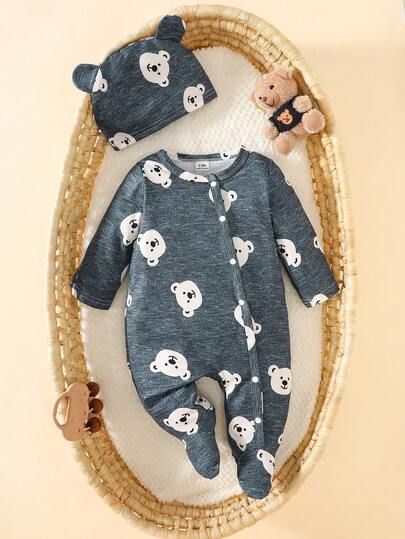 SHEIN 2 件套新生儿男女通用卡通熊印花长袖连体衣带帽，适合春、夏、秋、冬日常穿着、生日派对、摄影