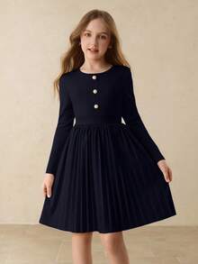 女童休闲简约日常圆领插肩长袖中长纯色百褶裙珍珠纽扣卡其色秋冬美拉德印花连衣裙，配斜挎包，圣诞派对连衣裙 - 藏蓝色 - 查看 5