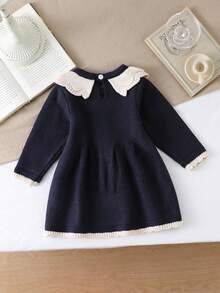 SHEIN Baby Girls Floral Embroidered Ruffled Collar Knit Sweater Dress,Navy Blue,Autumn,Elegant,Matching Family Long Sleeve Winter Knitted Collared Dress - Royal Blue - View 2
