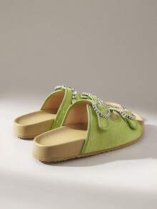 Solecia New Women's Green Woven Rhinestone Flat Casual Sandals - Green - View 3