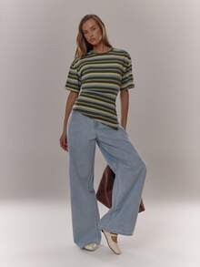 MUSERA 收腰条纹长款侧开衩上衣，可爱休闲，秋季度假性感优雅酷炫街头风基础款，清新女孩机场时尚，优雅春夏假日风。 - 彩色 - 查看 3