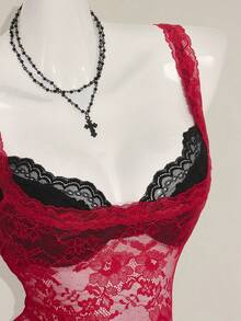 SHEIN ICON Women's Red Lace Semi-Sheer Camisole, Paired With Black Lace Spaghetti Strap Top, 2 Pieces Set,Sexy Tops - Red and Black - View 9