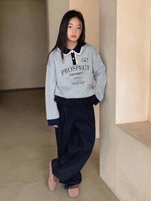 DAZY 2件套女童针织领抓绒印花卫衣裤套装，秋冬季 - 灰色 - 查看 6