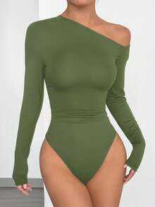 SHEIN EZwear 女款休閒純色不對稱領長袖修身綠色連身衣 - 軍綠色 - 查看 5