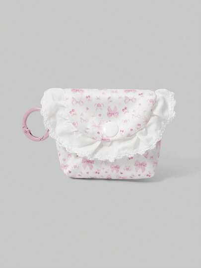 Kawaii Porte-monnaie, étui pour écouteurs, porte-clés mini portable avec motif de cerise et nœud en dentelle blanche 1101550