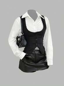 Sweetra 复古法式性感制服风夏季新款翻领二合一收腰修身辣味甜美风女式衬衫 - 黑與白 - 查看 8