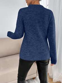 SHEIN Tall Tall Casual Contrast Color Cross Cord Placement Rib Knit Sweater With Slit - Blue - View 2