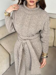 Modelyn Plus Size Women's High Neck Long Sleeve Casual Knit Sweater Dress - Khaki - View 5