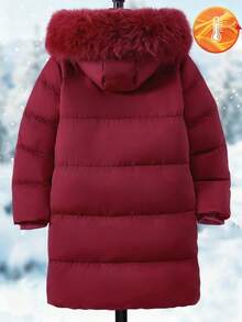 SHEIN 1 件中长款连帽棉衣，带毛领、口袋和亮片装饰，拉链开合，时尚冬季外套