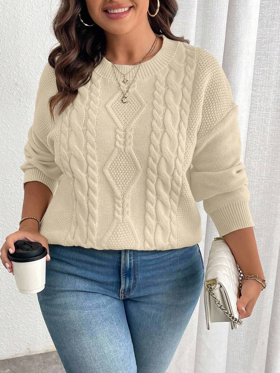 EMERY ROSE Plus Size Women Casual Everyday Commute Simple Solid Color Dropped Shoulder Loose Cable Knit Pullover Sweater, Autumn/Winter - Apricot - View 1