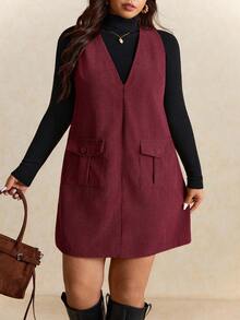 Elaquor 大码女式纯色口袋设计休闲吊带连衣裙，秋季 - 酒紅色 - 查看 5