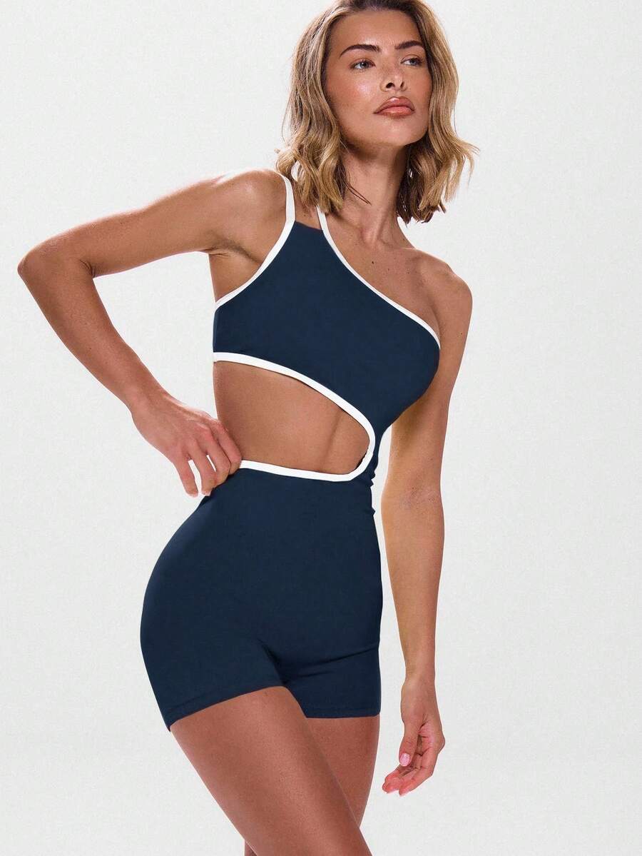 Musera Sport 不对称领口撞色滚边镂空连体运动服，适合健身、板式网球、网球、匹克球、健身房、秋季瑜伽、普拉提、日常休闲穿着。 - 藏蓝色 - 查看 1