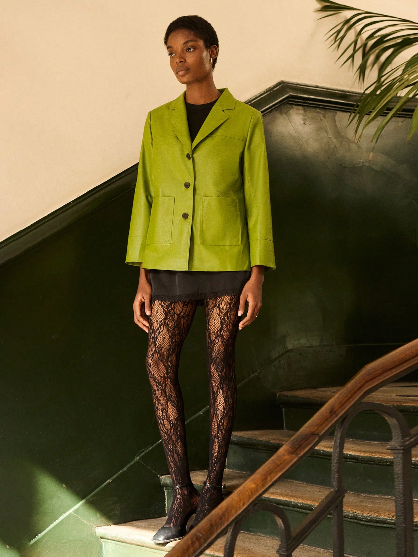 Blazer  peau  verte avec boutons devant, style vintage pour l'automne et l'hiver