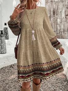 EMERY ROSE Gaun Panjang Sedang Wanita Warna Khaki Gaya Boho Musim Gugur, Motif Cetak Retro Bunga Elegan, Nyaman, Serbaguna, dan Chic untuk Liburan, Jalan-jalan, Kencan, dan Pesta - MultiWarna - View 5