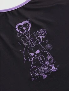 ROMWE Bộ đồ ngủ hai dây và quần short họa tiết chấm bi và đầu lâu Gothic màu tương phản - màu đen - Xem 7