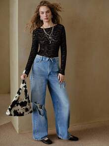 MOTF STUDIO LACE SHEER KNIT LONG SLEEVE T-SHIRT - Black - View 6