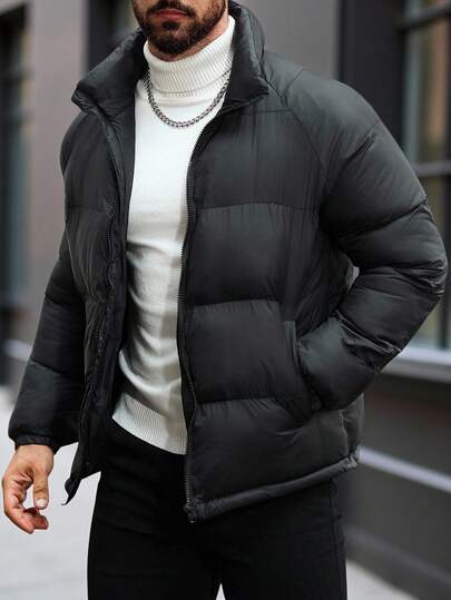 Manfinity Homme 男士纯色拉链休闲百搭棉衣，冬季男士羽绒服男士黑色夹克男士外套泡泡衣男士冬季夹克