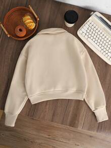 SHEIN Tween Girls' Front Zip Long Sleeve Minimalist Cropped Sweatshirt, Casual Everyday Wear, Graduation Long Sleeve Top, Back To School Autumn Winter