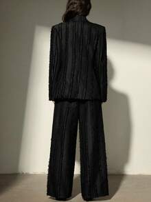 Aveloria Modichic Women's Textured Frayed Edge Striped Tassel Design Minimalist Blazer Jacket Paired With Wide Leg Pants Suit - Black - View 6