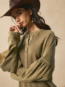 Easelle Vintage Casual Retro Snow Washed Color Block Loose Dress Splicing Retro One-Piece Dress Ladies Autumn Winter - Olive Green - View 8