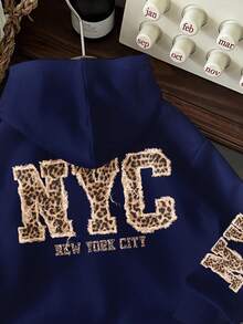 SHEIN EZwear Sudadera azul marino con estampado minimalista casual de NYC y estampado de leopardo, adecuada para otoño/invierno - Multicolor - Ver 4
