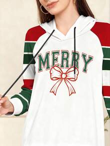Modelyn Christmas Letter & Bow Print Striped Raglan Long Sleeve Women's Maxi Dress, Fashion Hooded, Suitable For Spring & Autumn - Multicolor - View 3