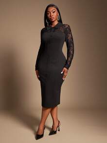 SHEIN SXY Abito midi nero da donna con colletto a camicia, decorazione con bottoni e inserti in pizzo, maniche lunghe, adatto per l'autunno/inverno, taglie comode - nero - Visualizzare 7