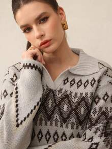Mulvari Women's Casual Vacation Style Fair Isle Pattern V-Neck Loose Pullover Sweater, Autumn/Winter - Multicolor - View 4