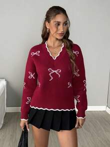 Easowa Women's V-Neck Drop Shoulder Long Sleeve Casual Bowknot Pattern Jacquard Knit Pullover Sweater,Burgundy,Autumn,School,Back-To-School Ugly Christmas - Multicolor - View 4
