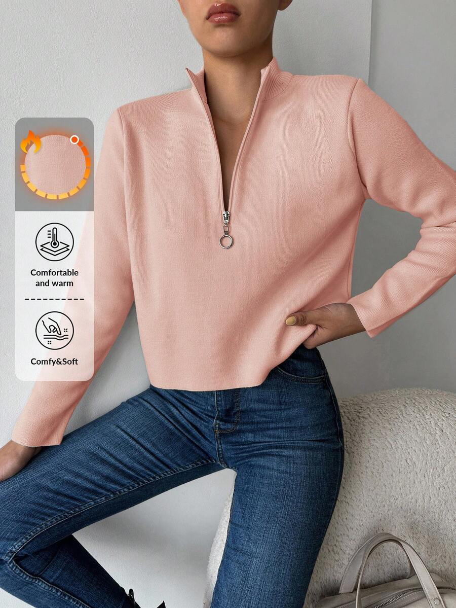 SHEIN Cottnline Women's Solid Color Half Zip Sweater - Coral Pink - View 1