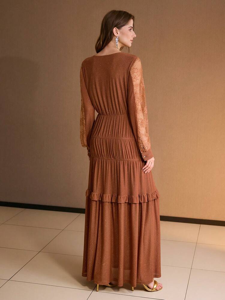 レース袖 ラッフルヘム ワンピース カットアウトネック レディース、ベルト無し、秋冬