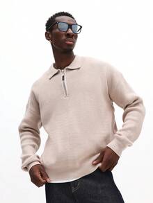 SUMWON 罗纹针织半拉链套头毛衣，翻领长袖，休闲保暖，INS 热销款式，假日完美之选，舒适厚实面料，极致保暖，纯色 - 卡其色 - 查看 4