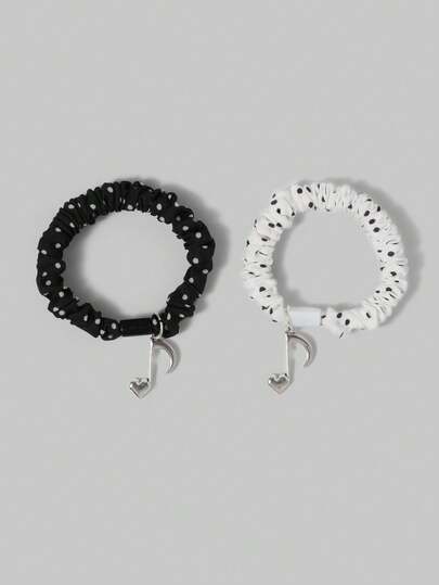 Anime Black & White Polka Dot Metal Music Note Elastic Hair Ties, Sweet & Cute Fashion Accessory, Suitable For Daily, Commuting