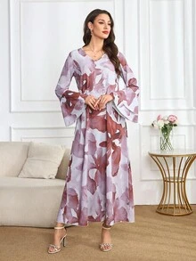 Yasmyna 女式全身印花V领优雅长袖阿拉伯风连衣裙 - 棕色 - 查看 4