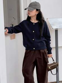 DAZY Tween Girl Round Neck Long Sleeve Button Front Knit Casual Cardigan - Navy Blue - View 2