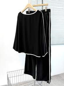 EMERY ROSE Bộ 2 món áo thun dài tay cổ tròn dáng rộng thoải mái cho nữ cỡ lớn kèm quần - màu đen - Xem 2