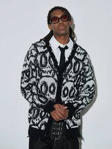 Modcrash Men's Street Style Skull Print Button-Down Casual Loose Fit Long Sleeve V-Neck Cardigan, Autumn/Winter - Black - View 2