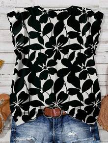 EMERY ROSE 大码女式休闲优雅白色和黑色花卉印花纽扣前褶袖衬衫，适合夏季女式花卉衬衫女式夏季上衣花卉印花上衣 V 领衬衫