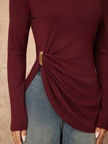 Lumalex VITNOS 酒红色不对称下摆T恤，秋季新款女装，假日度假T恤，秋冬休闲风，时尚秋季单品，派对造型，奢华质感，秋冬新年必备，大地色系，优雅法式风情，舒适T恤，周末休闲，秋季职场穿搭，今秋时尚之选，适合约会、外出、夜生活、婚礼、假日、度假、生日、工作和通勤等各种场合。 - 酒紅色 - 查看 5