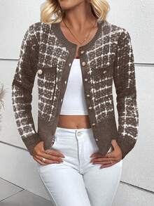 EMERY ROSE Casual Plaid Cardigan, Suitable For Commuting And Daily Wear, Autumn - Rusty Rose - View 5