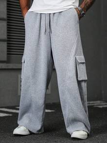 Manfinity EMRG Plus Size Men's Solid Color Drawstring Waist Pockets Casual Sweatpants - Grey - View 1