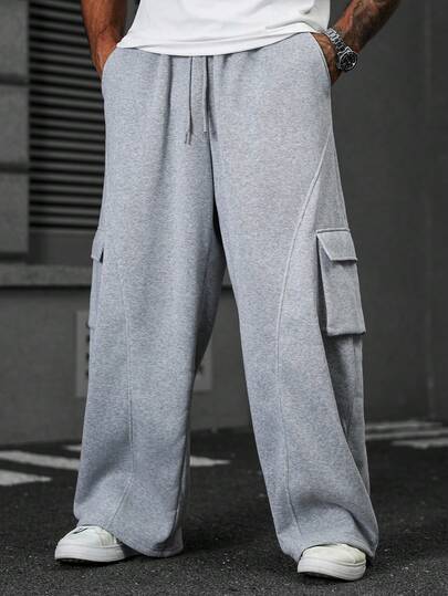 Manfinity EMRG Plus Size Men's Solid Color Drawstring Waist Pockets Casual Sweatpants