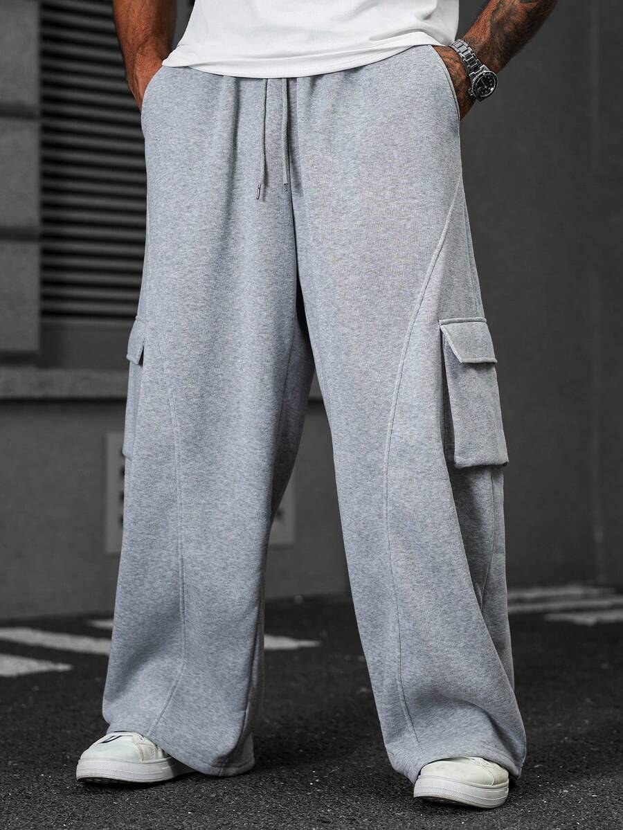 Manfinity EMRG Plus Size Men's Solid Color Drawstring Waist Pockets Casual Sweatpants - Grey - View 1