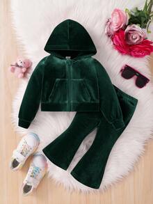SHEIN Baby Girl 2Pcs Dark Green Velvet Hoodie & Flare Winter Pants Outfits, Letter Pattern Sweatpants Set,Y2k Fashionable Cute Casual Autumn Outfits - Green - View 7