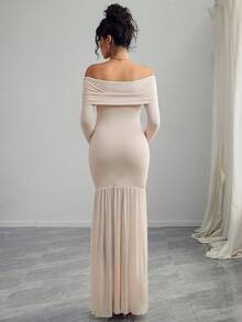Momance Maternity Off Shoulder Long Sleeve Fitted Dress With Thigh-High Slit And Mesh Panels - Apricot - View 2