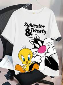 LOONEY TUNES X SHEIN Camiseta de manga corta con gráficos de dibujos animados y letras, de talla grande, para verano - Blanco - Ver 1
